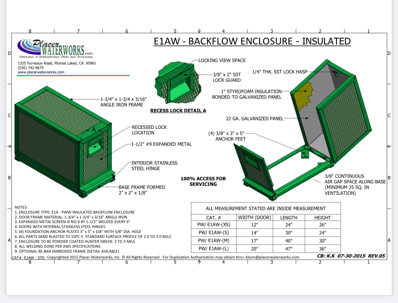 CAGES:T1-PW/E1AW-S - Small Insulated Backflow Enclosure specification drawing